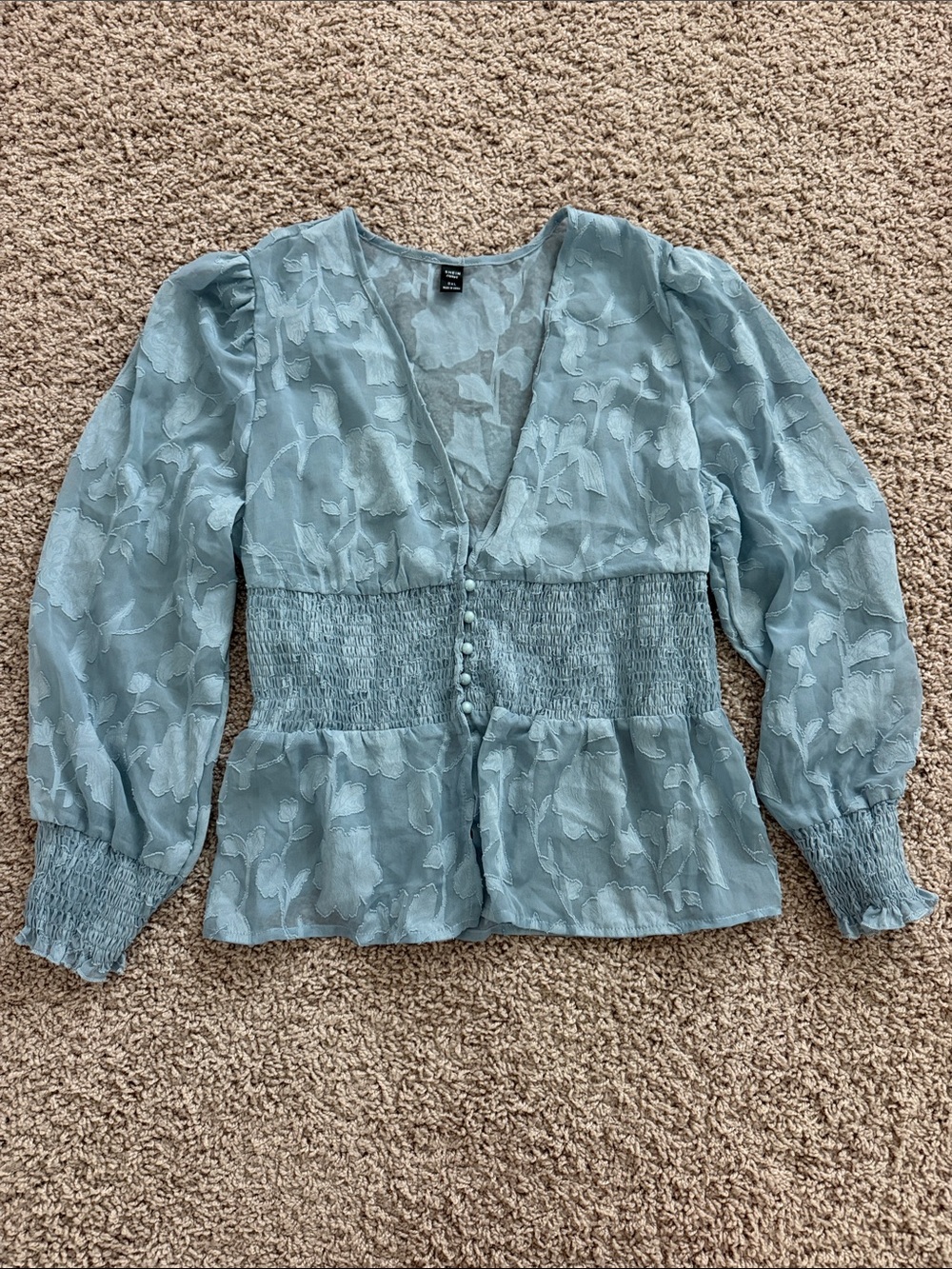 SHEIN Pale Blue Floral Jacquard Smocked Waist V-Neck Blouse